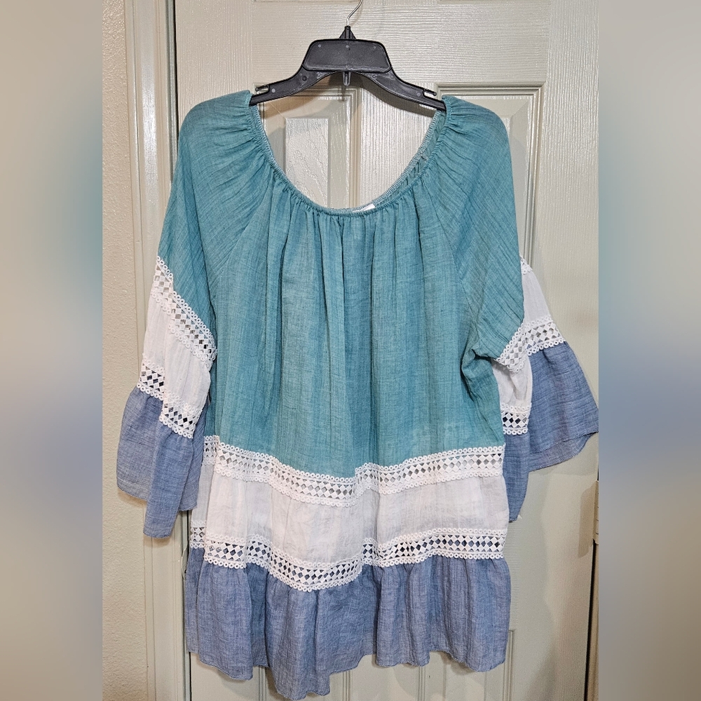 Kaktus Teal and White Boho Blouse
